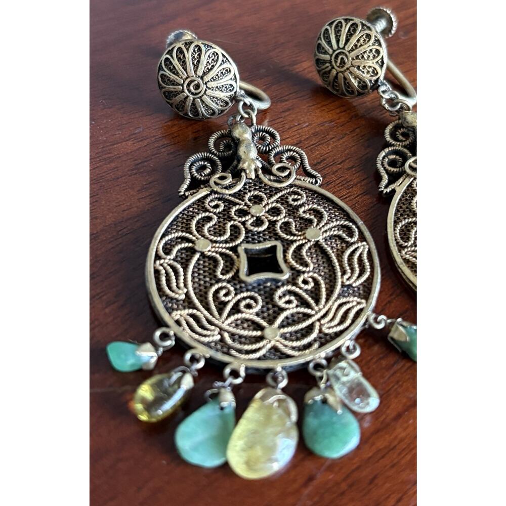 VtG 1930s Chinese Export Coin Filigree Mesh Dangle Green Stone Beads Earrings - Picture 8 of 10